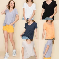 Causal Womens French Front Tuck Basic Casual V Neck Short Sleeve Tee Shirt Top