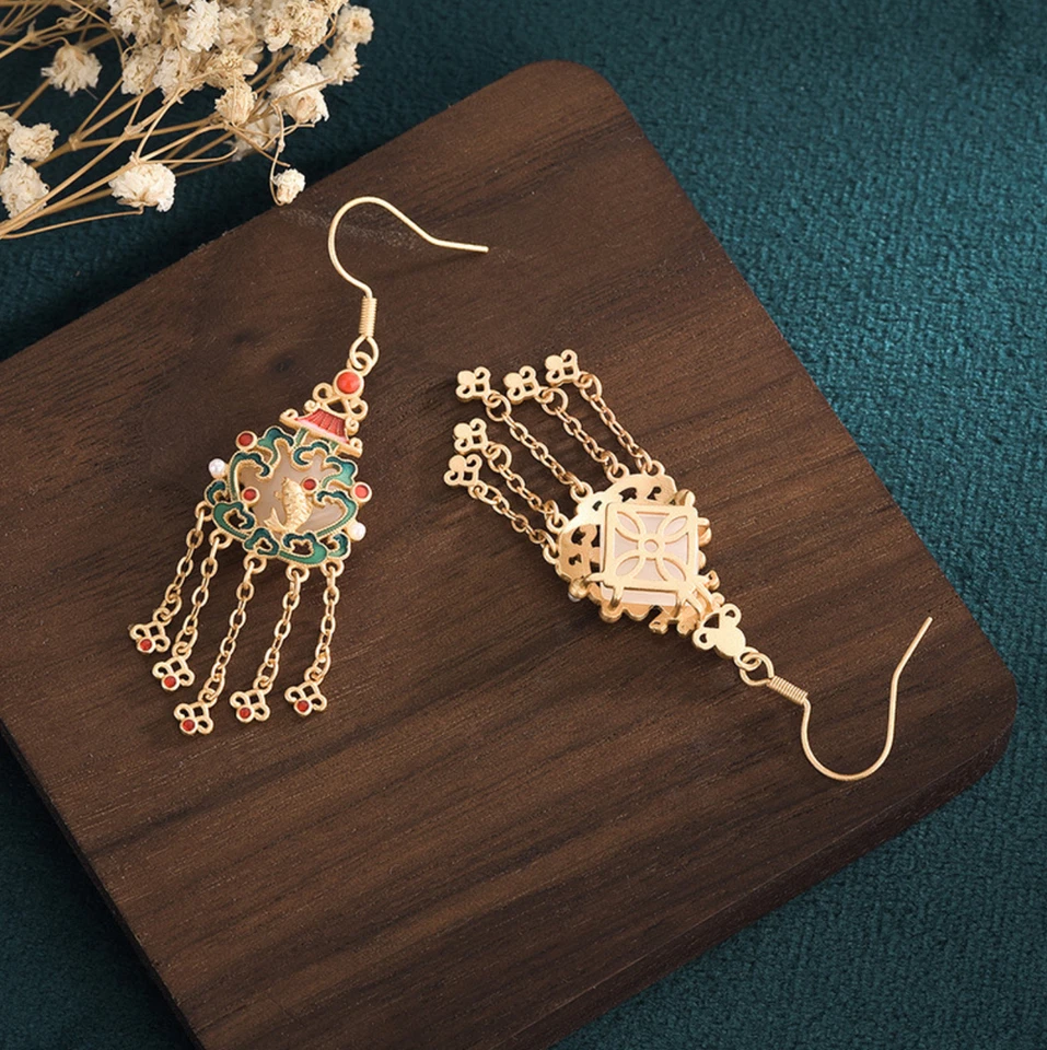 Jade Cloisonne Bohemian Drop Dangle Earrings Ethnic Tassel Hook 18K Gold Plated Foto 2 de 4