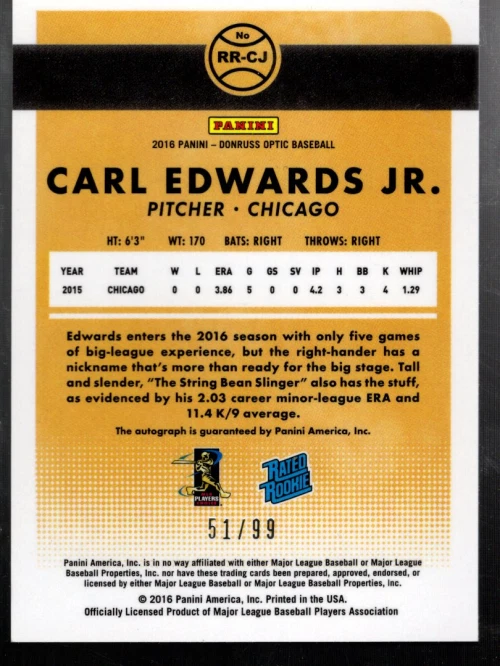 B3756- 2016 Donruss Optic Rated Rookies Signatures Orange #5 Carl Edwards Jr /99 - Image 2 of 2