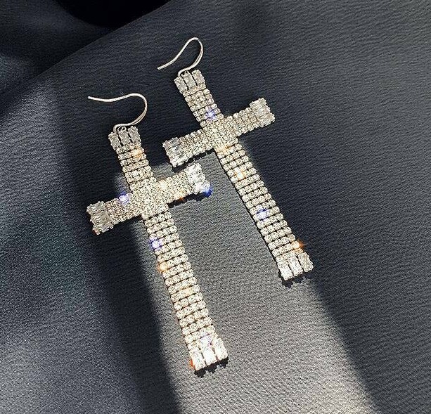 New Oversized Austrian Crystal Cross Earrings  Women Silver Plated  New