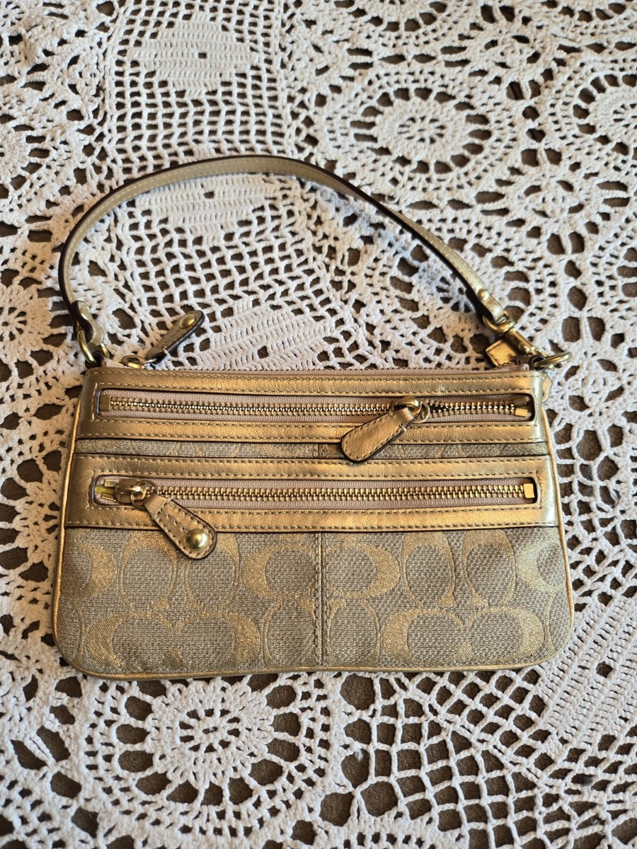 Coach Signature GOLD Triple Zip Wristlet Pochette Bag Clutch