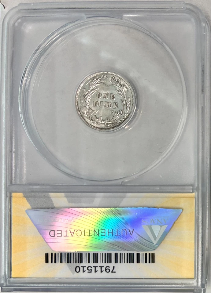 1912 Silver Barber Dime, ANACS AU-58, Lustrous Coin! - Image 2 of 2