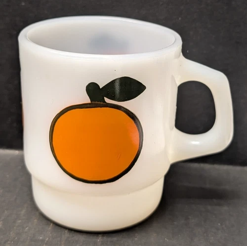 Vintage Anchor Hocking Fire King Orange Fruit Coffee Cup Mug Milk Glass 3.5"H