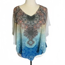 House of CB Women's Size 2X Plus Multicolored BOHO Poncho Top Blouse Blue Orange