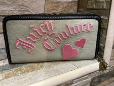 Juicy Couture Y2K Grey Velour Embroider Hearts Zip Around Sectional Charm Wallet
