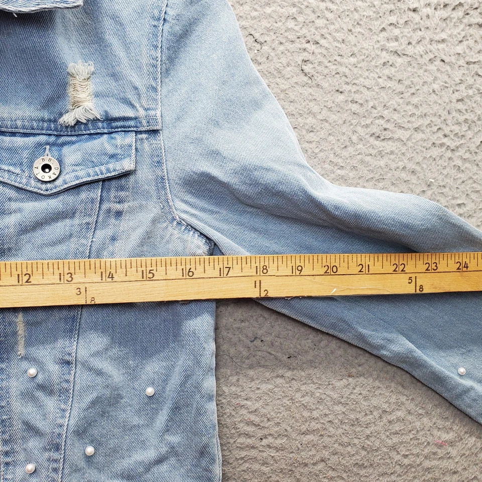 BB Dakota укороченный водитель грузовика куртка женщин S синий джинсовой ткани бисером потертый кромки кнопка спереди - Изображение 4 из 4