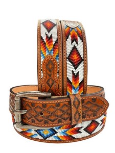 Beaded Western Belt Cowboy Rodeo Full Grain Leather Hand Tooled Removable Buckle