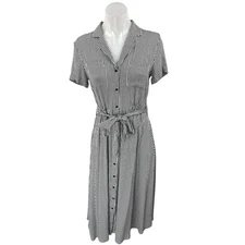 Monoprix Black White Striped Short Sleeve Belted Button Down Midi Shirt Dress 4