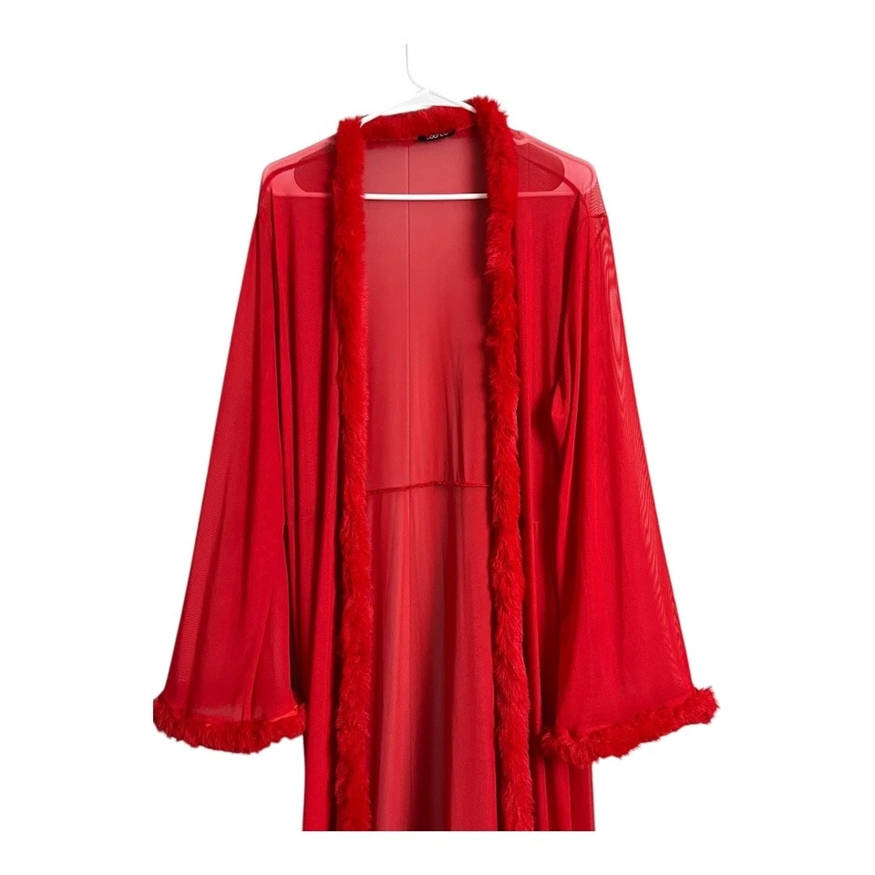 Boohoo Rojo Transparente Bata Envoltura Piel Sintética Borde Boudoir Foto Vamp Lencería OS Foto 2 de 4
