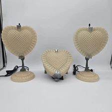 3 Vtg Art Deco Boudoir Glass Heart Bedside Lamps & Over The Bed Set 1930s WORKS