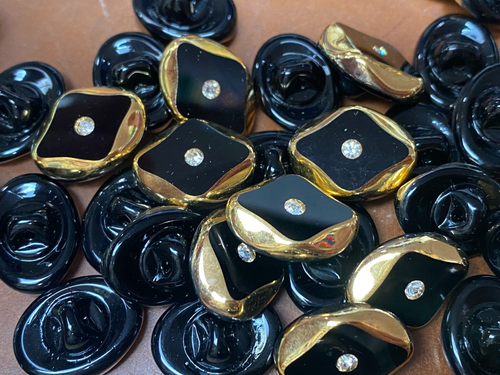 vintage black glass gold crystal diamond oval buttons 1/2" Czechoslovakia 5pcs - Picture 4 of 4