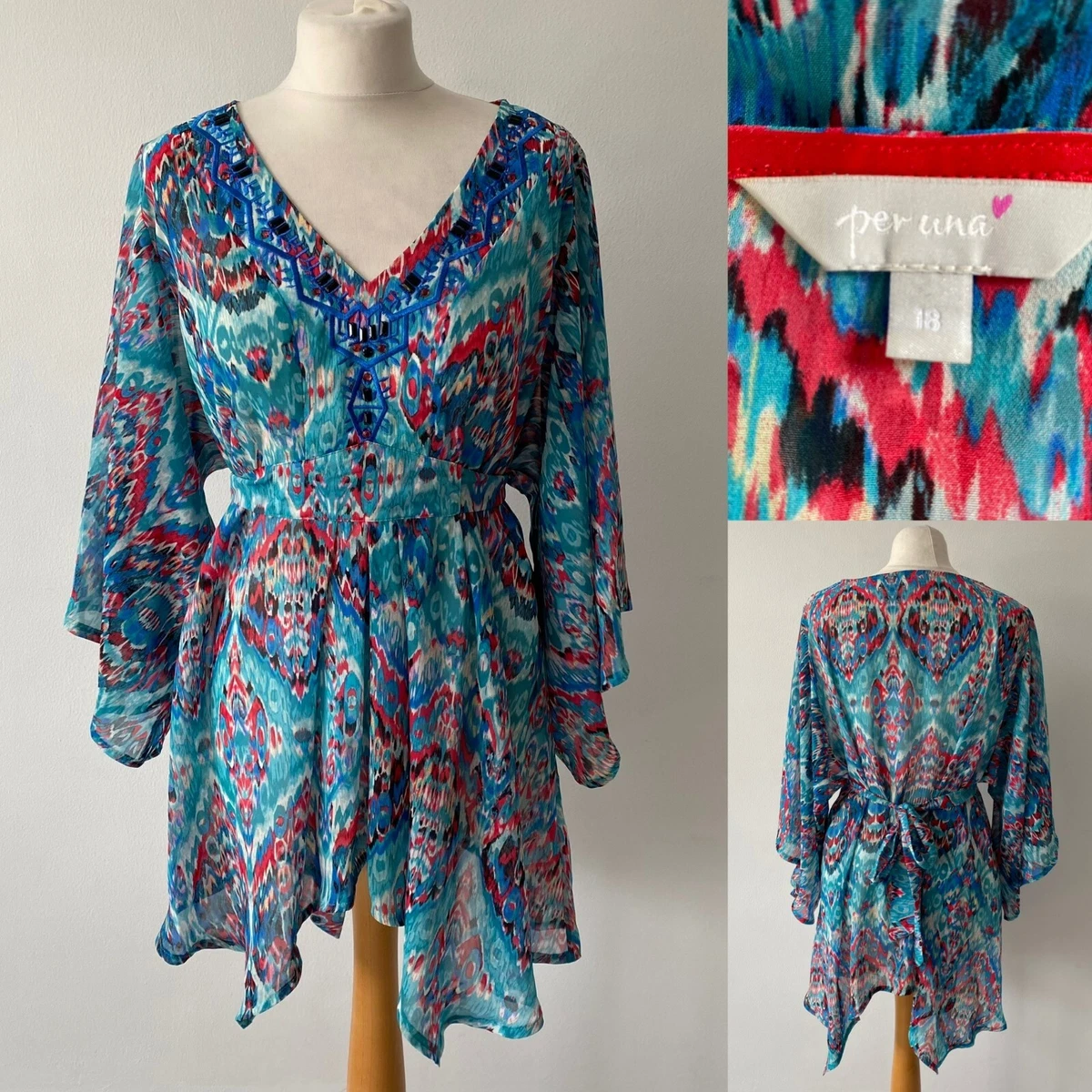 M S PER UNA Turquoise Red Asymmetric Kaftan Top Beach Cover Up Size 18 VGC