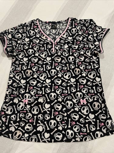 Koi Tokidoki Scrub Top Cotton Blouse Stretch Skull Bones Womens Small NWOT