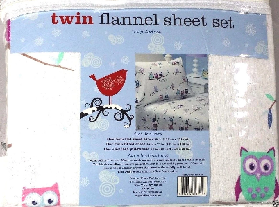 Juego de sábanas Hooty Owl de franela doble para niñas 3 piezas 100 % algodón suave Foto 3 de 4