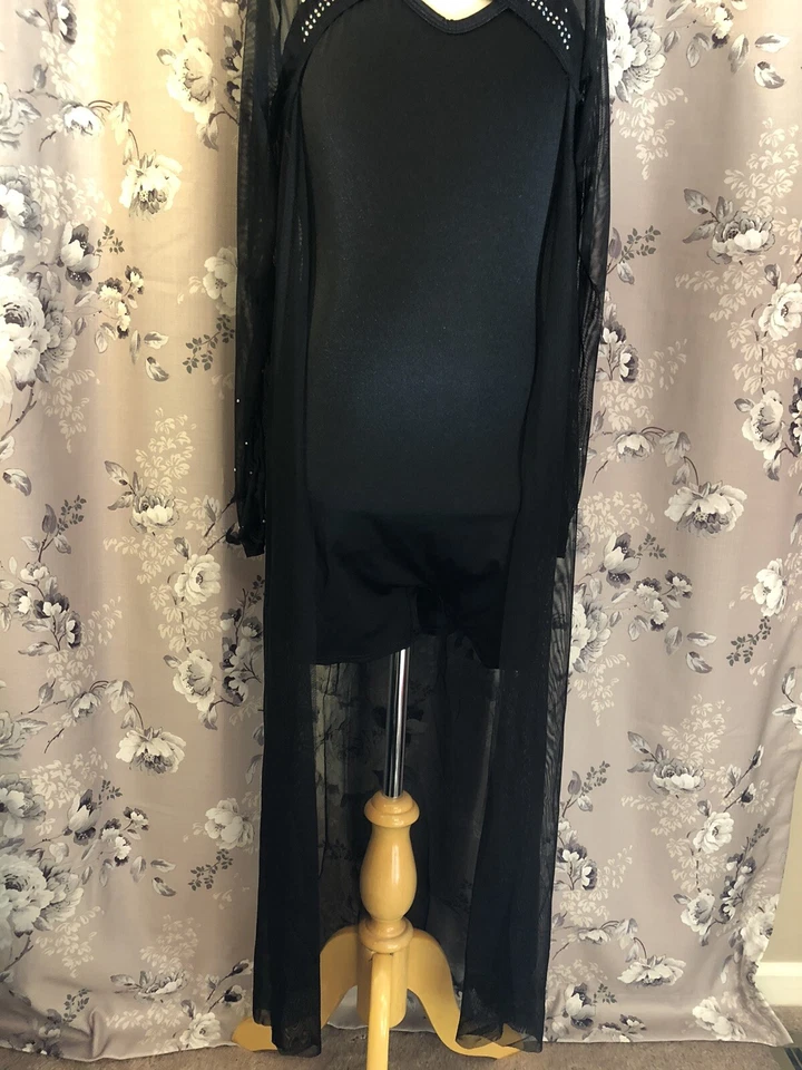Curtain Call R570 Black Biketard Mesh Rhinestone Cape Gothic Dance Costume MA - Image 2 of 4