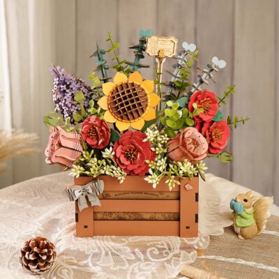 Rowood DIY Wooden Flower Bouquet 3D Wooden Puzzle with Wooden Box Kid Xmas Gifts