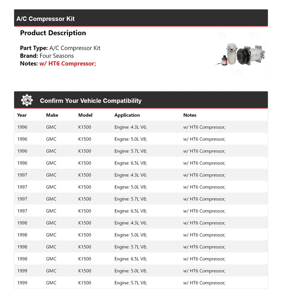 Kit compresor aire acondicionado GMC K1500 1996-1999 4 estaciones 1997 1998 Foto 2 de 4