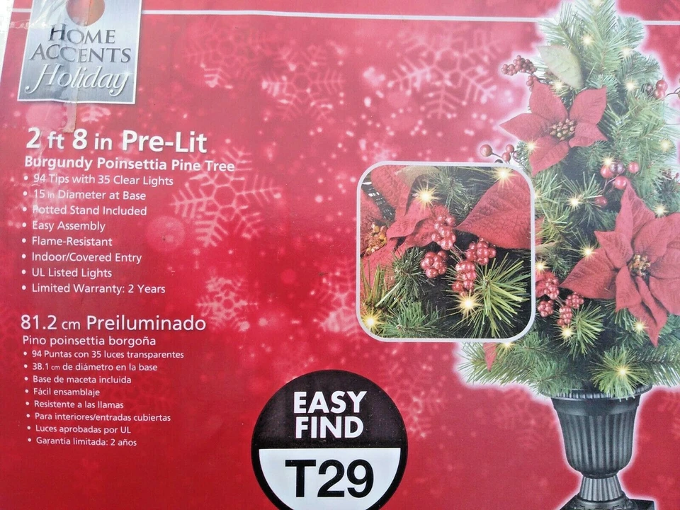 Pre lit christmas 2ft 8in Burgundy Poinsettia Pine Tree 94 tips 35 clear lights - Image 4 of 4