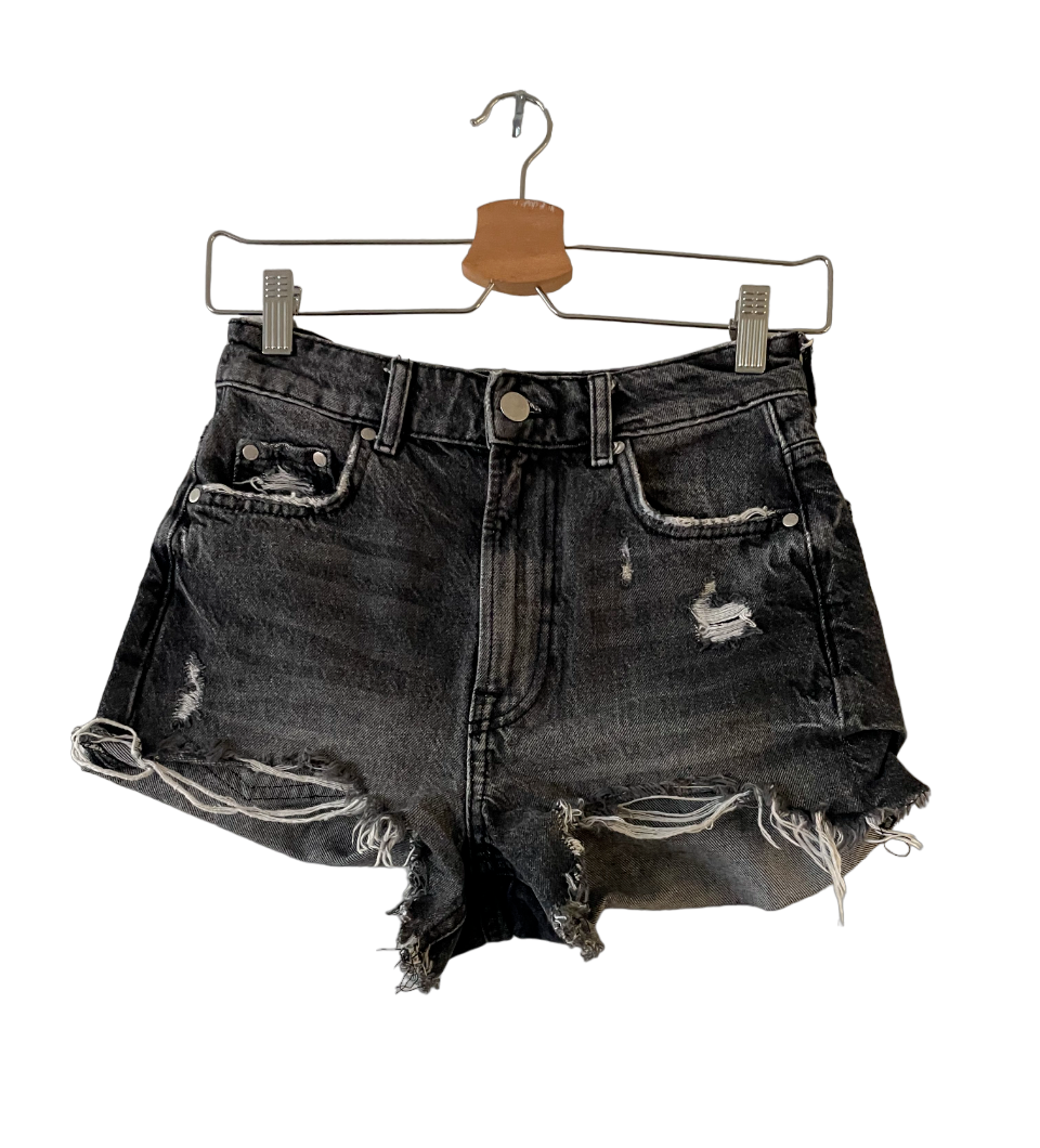 Zara High-Rise Distressed Ripped Cut Off Denim Jean Shorts Size Womens  Black
