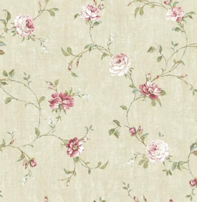 Wallpaper Designer Pink Red Green Floral Vine on Cream   ,56 sq ft bolt