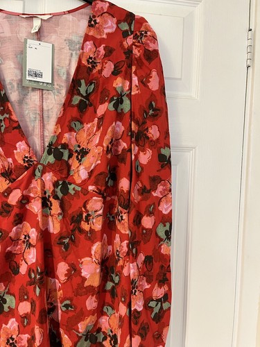 H&M Women’s Size XL (UK 20 / 22) Red Pink Floral Short Fitted Dress Long Sleeved - Picture 3 of 4