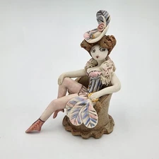 Clay Art Figurine Dance Hall Girl With Hat And Fan 4.25 Inch Hand Painted Signed