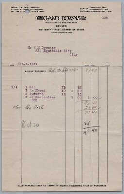 1911 Denver Colorado The Gano-Downs Co. Invoice Billhead Equitable Building