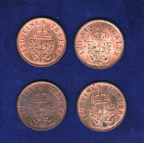GERMAN STATES PRUSSIA 3 PFENNIG: 1846-A, 1851-A, 1869-A, 1873-A, UNCIRCULATED