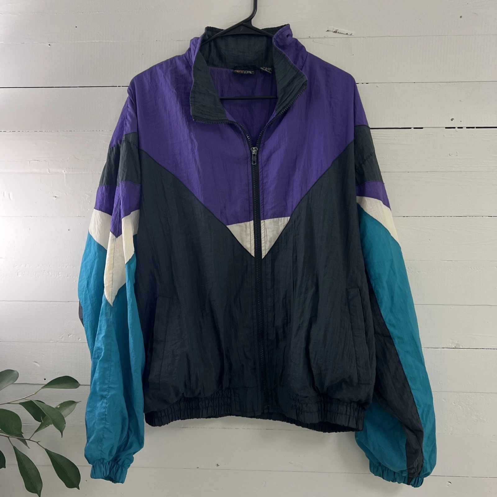 Vtg Athletic Works Windbreaker Jacket Mens L Large Retro 90's Purple Teal Blue