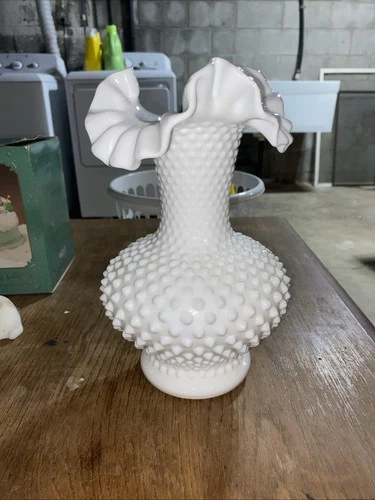 Vintage Fenton White Milk Glass Vase Hobnail Ruffled Double Crimped 10.5" Tall