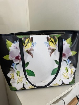 Ted Baker Black & White Floral Print Leather Tote Bag