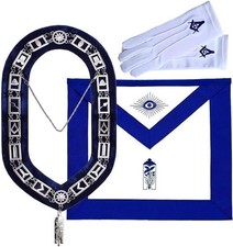 MASONIC BLUE LODGE OFFICER JUNIOR WARDEN APRON, SILVER CHAIN COLLAR AND JEWEL