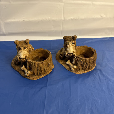 2 Vintage Brown Dog Puppy Planter Tree Trunk Carved Light Balsa Wood Figure