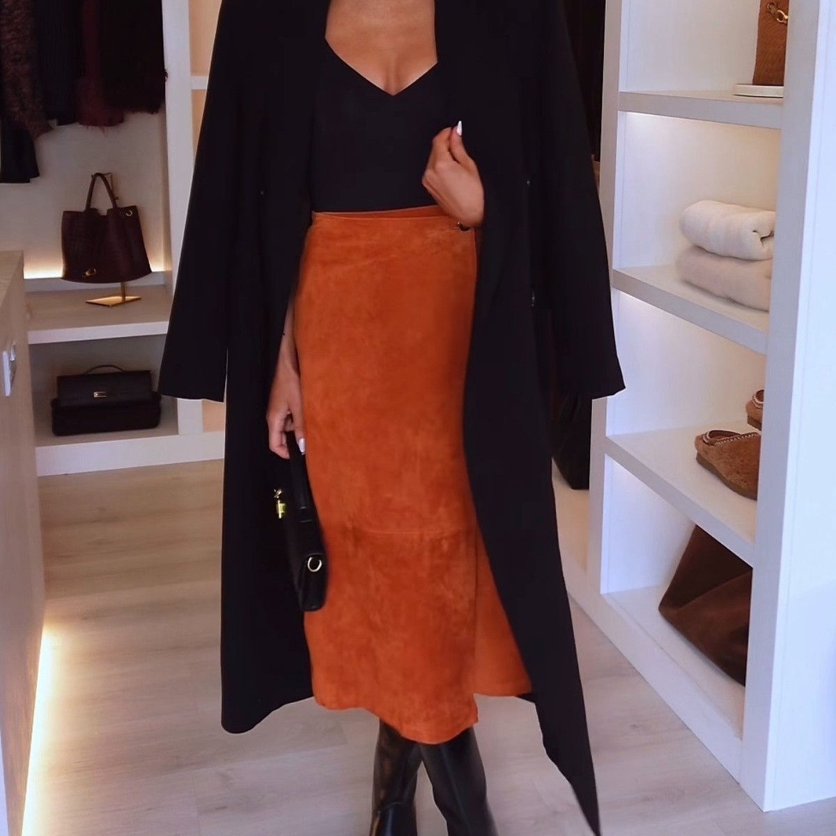 ZARA NEW WOMAN MID-WAIST WRAP SUEDE LEATHER WRAP MIDI SKIRT ORANGE