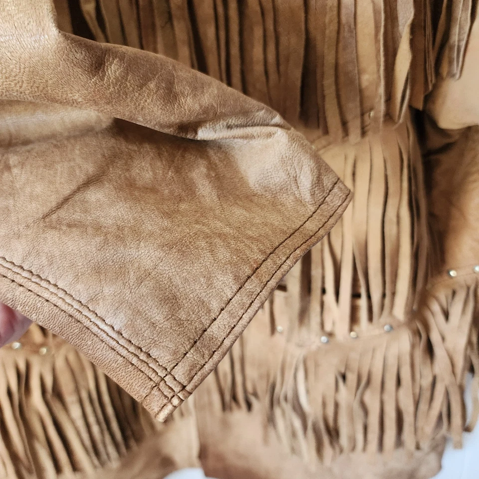 Chaqueta Vintage Años 90 Gamuza Cuero Flecos Marrón Camel Western Boho Grunge L Foto 4 de 4
