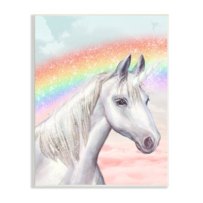White Unicorn Under Sparkle Rainbow Cloudy Sky, Designed by Ziwei Li Wall Pla...