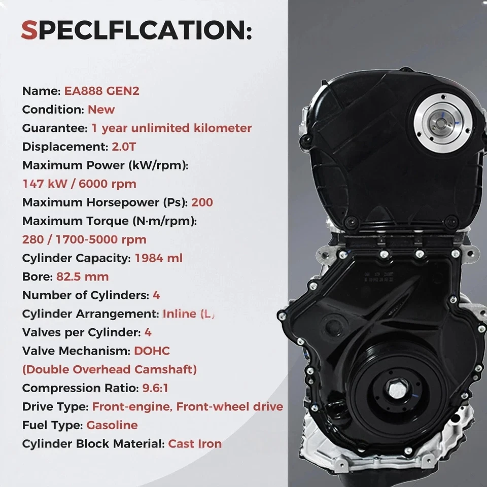 For Audi VW EA888 Gen-2 2.0L Gas Turbo TSI 4-Cylinder Long Block Engine Assembly - Image 3 of 4