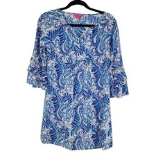 Lilly Pulitzer Blue & White Paisley Bell Sleeve Tunic Dress XXS Rayon Womens