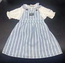 VTG Oshkosh B'Gosh Blue White Stripe Overall Dress White Embroidered Top 3T