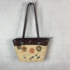 Vintage Woven Straw Shoulder Bag Purse Embroidered Flowers Charms Braided Straps