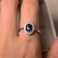 925 Sterling Silver Blue Sapphire Lab Created Halo Ring US Duty Free