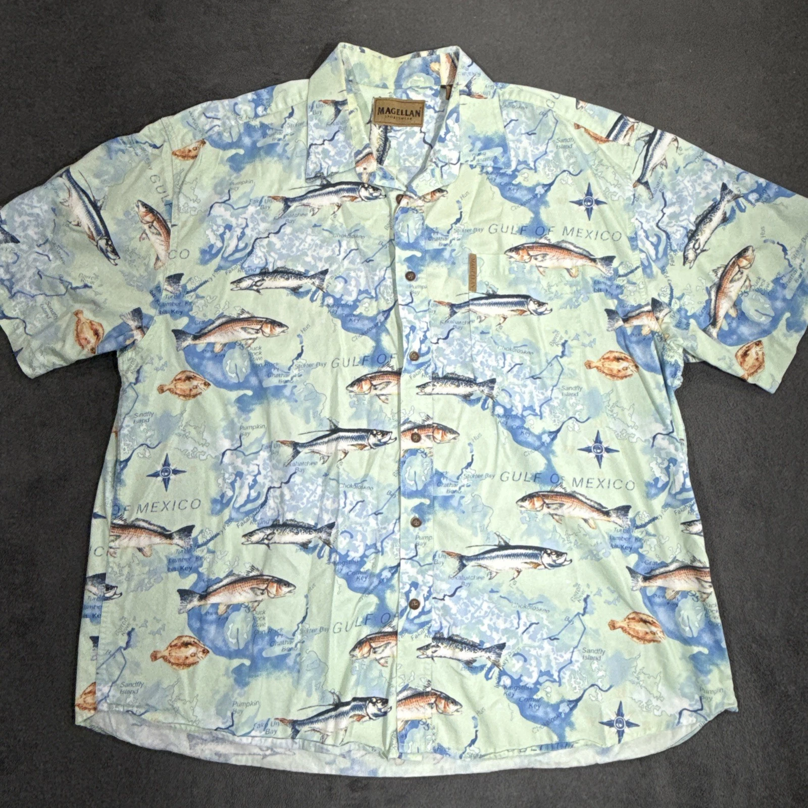 Magellan Gulf Of MEXICO AMERICA! Men’s 2XL Short Sleeve Fishing Shirt Map Texas