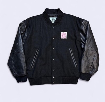 Vintage Burks Bay Pink Panther Varsity Button Down Jacket Wool Black Medium