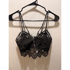 Anthropologie Black Lace Bralette Longline Crochet Eyelash Trim Smocked Back XS