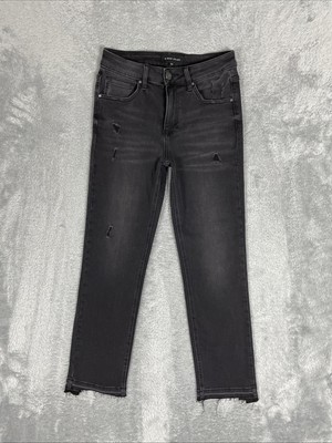 Risen Jeans Women's 5/27 Faded Black Straight Leg Distressed Raw Step Hem Pants