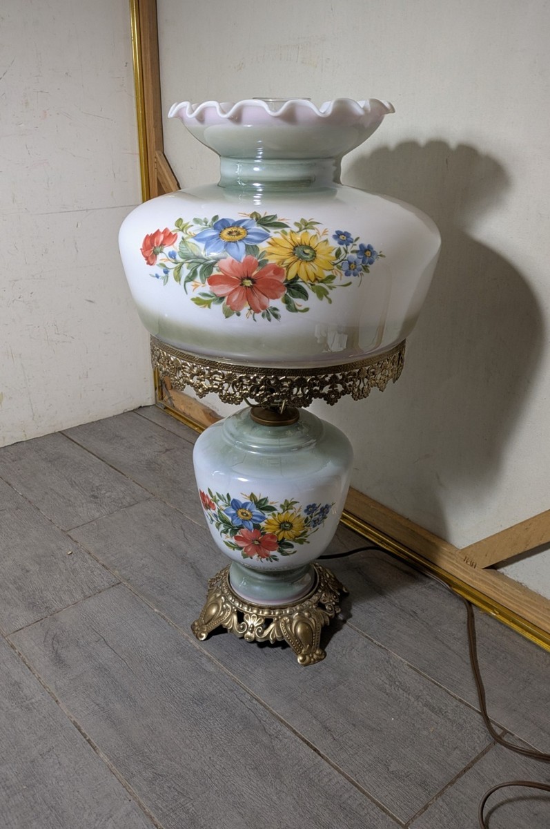 Vintage Gone with the Wind Hurricane Table Lamp Milk Glass Floral
