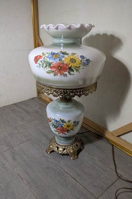 Vintage Gone with the Wind Hurricane Table Lamp Milk Glass Floral