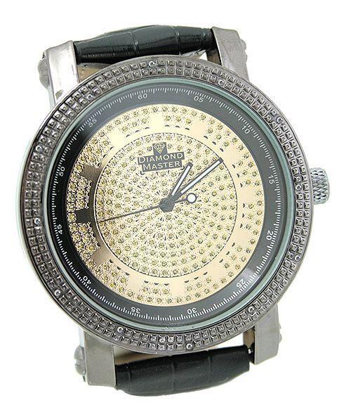 mens big gunmetal black diamond watch gold tone dial ice out leather