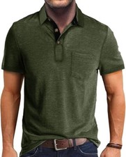 Men's Classic Polo Shirt Short Sleeve Cotton Tee, Solid Color Golf Top, Green, L