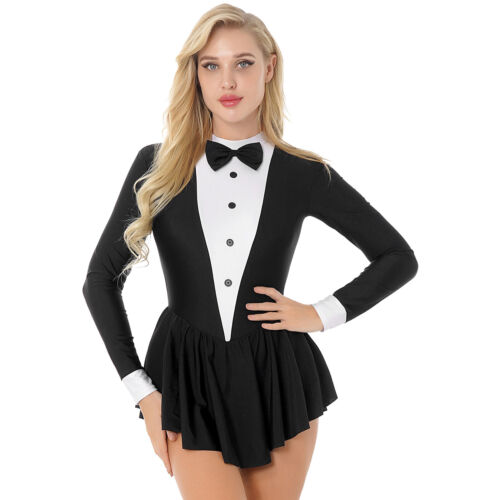 Womens Leotard Bowknot Costume Role Play Dress Dance Cosplay With Hat Tuxedo - Picture 8 of 19